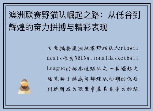 澳洲联赛野猫队崛起之路：从低谷到辉煌的奋力拼搏与精彩表现