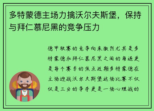 多特蒙德主场力擒沃尔夫斯堡，保持与拜仁慕尼黑的竞争压力